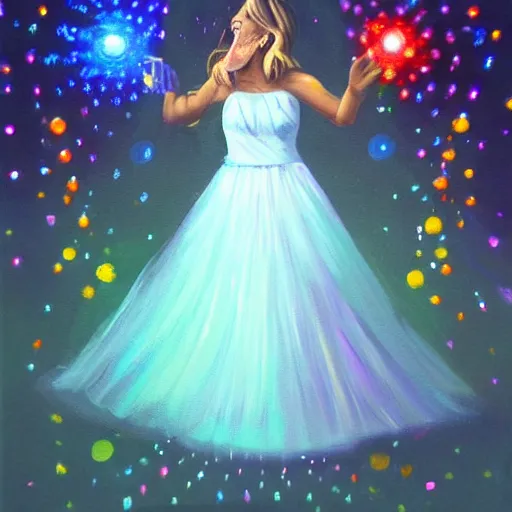 Image similar to a an ultra happy bridesmaid, majestic, disco balls, 8k resolution vivid painting trending on artstation Pill my face, still life A supersonic highway of light that allows you to drive