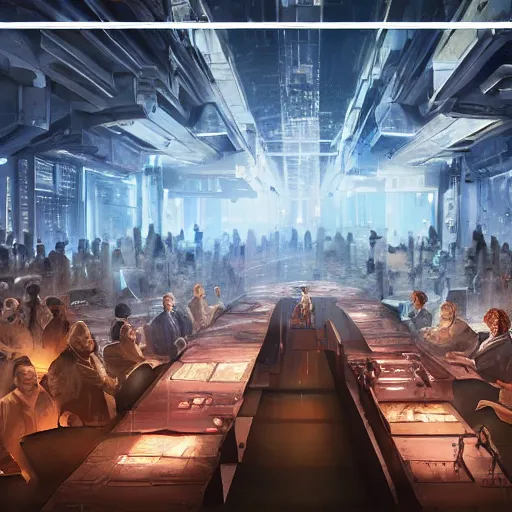 Prompt: large group people in a huge warehouse, gathered around a hologram of futuristic city on a table | cinematic concept art | godrays | 4 k | clear details | tabletop | tabletop | hologram foreground