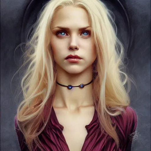 Image similar to portrait of a beautiful young blonde vampire, anatomically correct, dark, piercing eyes, gentle expression, elegant clothing, photorealistic, highly detailed, artstation, smooth, sharp focus, art by michael whelan, artgerm, greg rutkowski and alphonse mucha