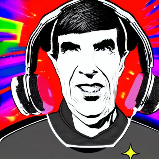 Image similar to svg sticker of a Pop-Wonder Captain-Spock-Star-Trek at a rave, spinning records, giant headphones rocking out, wearing headphones, huge speakers, dancing, rave, DJ, spinning records, digital art, amazing composition, rule-of-thirds, award-winning, trending on artstation, featured on deviantart