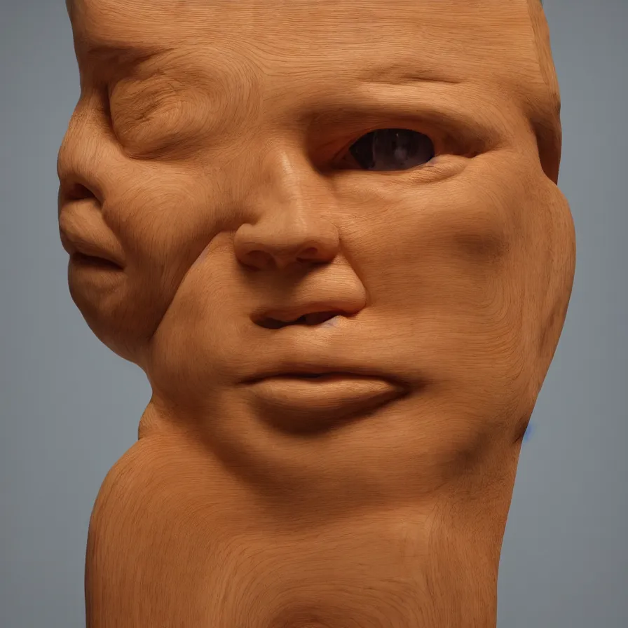 Prompt: hyperrealistic sculpture portrait of a stern woman's face carved out of a curly maple wood on a pedestal by duane hanson and donald judd, hyperrealistic dramatic colored lighting trending on artstation 8 k