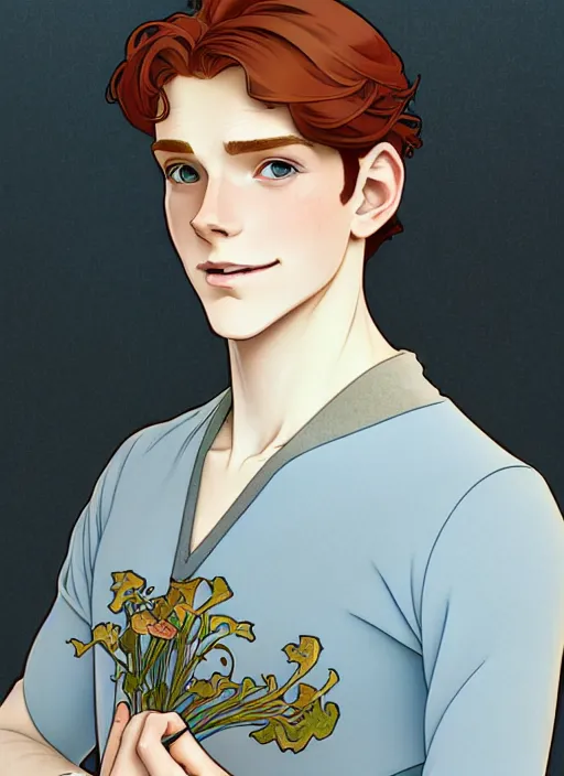 Image similar to well - lit art nouveau portrait of a young man with auburn hair, pale skin, freckles, light blue eyes, casual clothes, natural lighting, path traced, highly detailed, high quality, cartoon, digital painting, by don bluth and ross tran and studio ghibli and alphonse mucha
