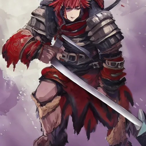 Prompt: a one armed barbarian with blood running down his left eye, a massive great sword resting on his shoulder, anime style, award winning,