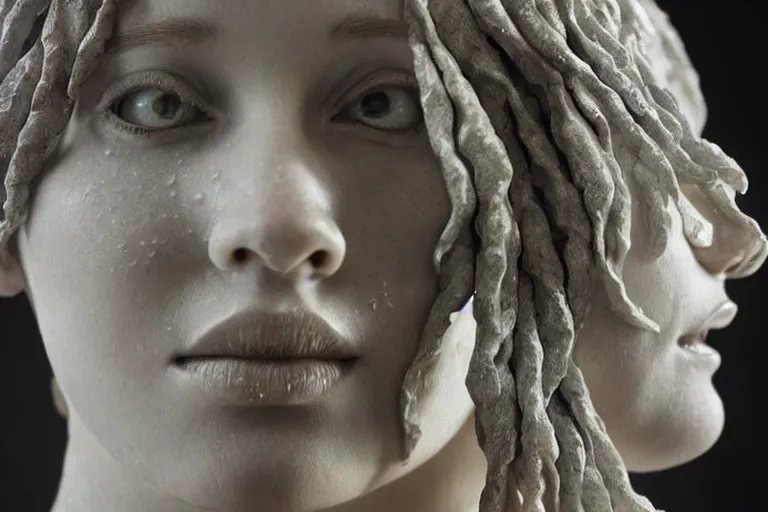 Image similar to a sculpture of a stunningly beautiful woman with flowing tears, fractal flowers on the skin, intricate, a marble sculpture by nicola samori, behance, neo - expressionism, marble sculpture, made of mist, still frame from the prometheus movie by ridley scott with cinematogrophy of christopher doyle, arri alexa, 8 k