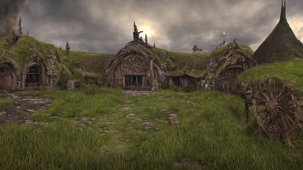 Prompt: wide shot of hobbiton in the style of dark souls, fromsoftware, elden ring, bloodborne