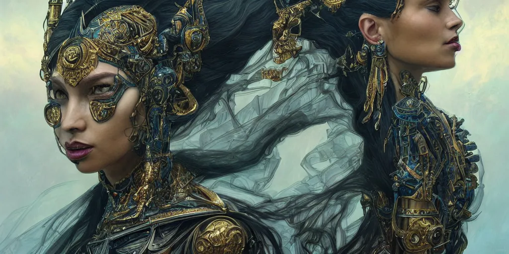 Prompt: HDR portrait photography mirror of The Utopian Benevolent Cyborg Queen and The Underworld Evil Cyborg King, Coherent portraits, ethnic fantasy, intricate, elegant, highly detailed, African, Egyptian, digital painting, trending on ArtStation, HDR photo, smooth, sharp focus, illustration, art by artgerm and greg rutkowski and alphonse mucha