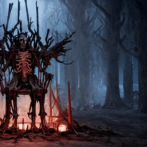 Prompt: a portrait of a necromancer with glowing eyes, wearing a crown of bones, tattered robes, skeletal, sitting atop a throne of bones, gazing out at his legion of the dead, realistic, 8k, ambient lighting, cinematic lighting, depth of field, wide shot,