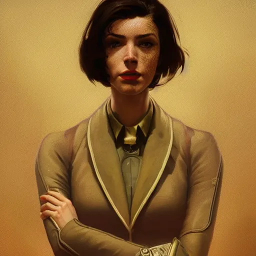 Prompt: Portrait of a dark haired woman with freckles wearing a power suit as a character in Fallout 4, gorgeous, beautiful, intricate, highly detailed, digital painting, artstation, oppressive lighting, concept art, sharp focus, illustration, art by greg rutkowski and alphonse mucha