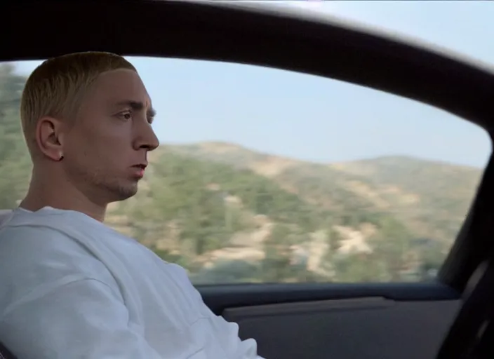 Image similar to a very high resolution image from a new movie, eminem in a car car. inside of a car. alone. mountains, directed by wes anderson