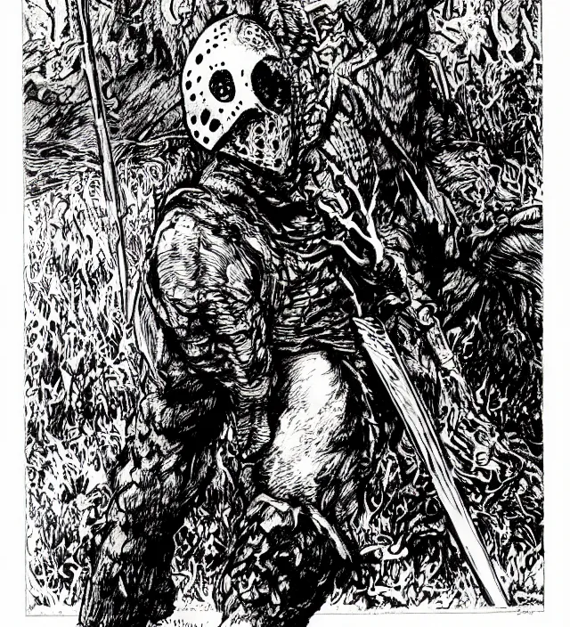 Image similar to Jason Voorhees as a D&D monster, pen-and-ink illustration, etching, by Russ Nicholson, DAvid A Trampier, larry elmore, 1981, HQ scan, intricate details, high contrast