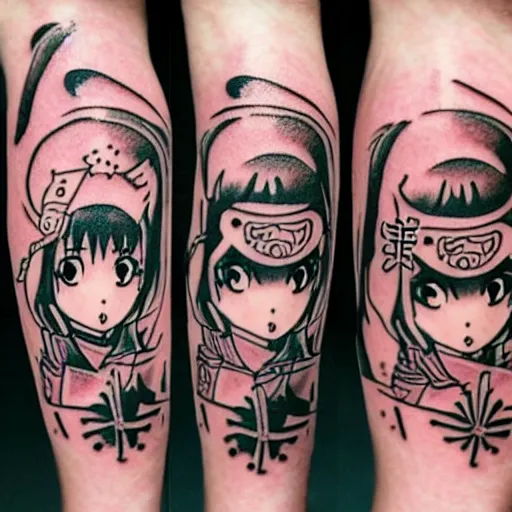 Image similar to Shoujo ai manga style japanese ninja schoolgirl by Hayao Miyazaki, studio ghibli, sakura festival, tattoo on upper arm