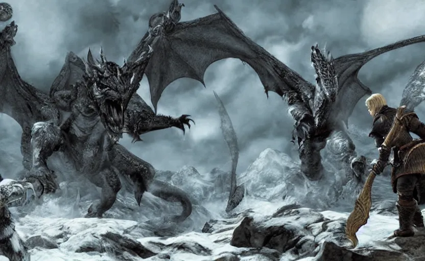 Prompt: joe biden fighting a dragon in skyrim, a photorealistic painting