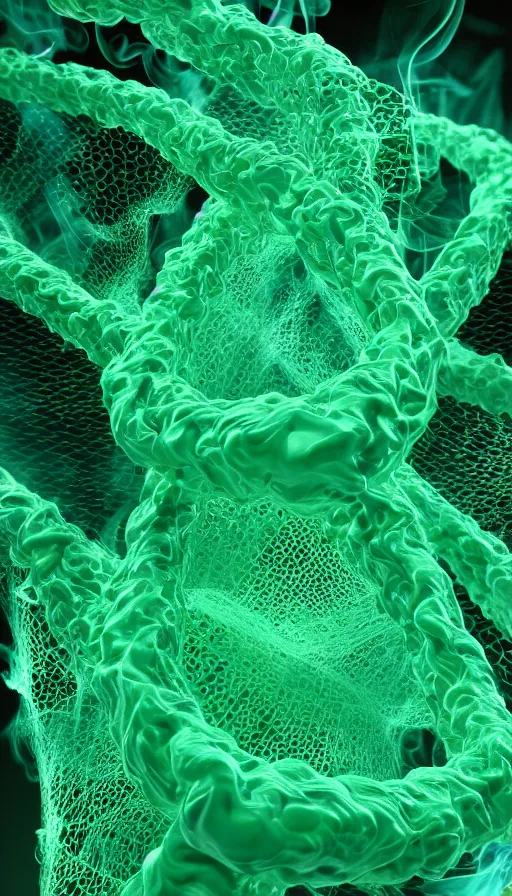 Image similar to 8 k uhd houdini recursive dna structure, background radiant swirling smoke wisps, greens and cream palette, volumetric lighting, 1 8 mm lens