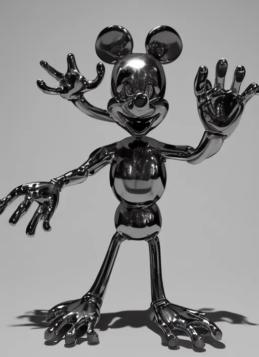 Image similar to stylized shiny polished silver statue full body extra limbs bizarre cosmic horror demonic demon made of marble of disney character mickey mouse, perfect symmetrical body, perfect symmetrical face, hyper realistic, hyper detailed, by johannen voss, by michelangelo, octane render, blender, 8 k, displayed in pure white studio room