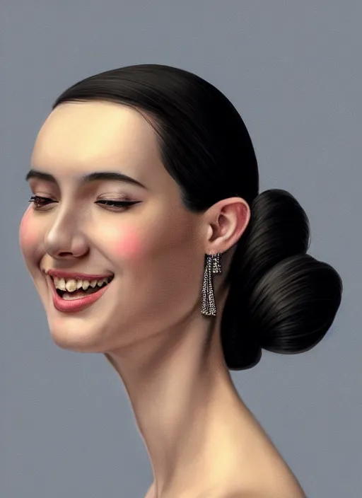 Image similar to fully body portrait of high school girl, realistic, black hair, bangs, half updo hairstyle, pointy nose, skinny, smile, ugly, defined jawline, big chin, hair bow, earrings, intricate, elegant, glowing lights, highly detailed, digital painting, artstation, sharp focus, illustration, art by wlop, mars ravelo and greg rutkowski