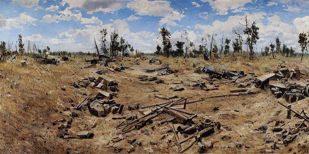 Image similar to aftermath of a battle on the Eastern Front, WW2, sunny day, craters and trenches, painting by Isaac Levitan