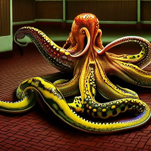 Image similar to hyperrealism photography in araki nobuyoshi dramatic scene from movie the big lebowski style computer simulation visualisation of detailed octopus riding eating human octopus in the detailed ukrainian village