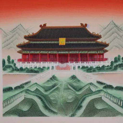 Prompt: The Forbidden City in the style of Chinese painting.