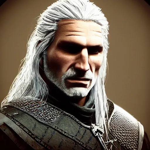 Image similar to polaroid of Hyper-real Geralt of rivia face shot by Tarkovsky