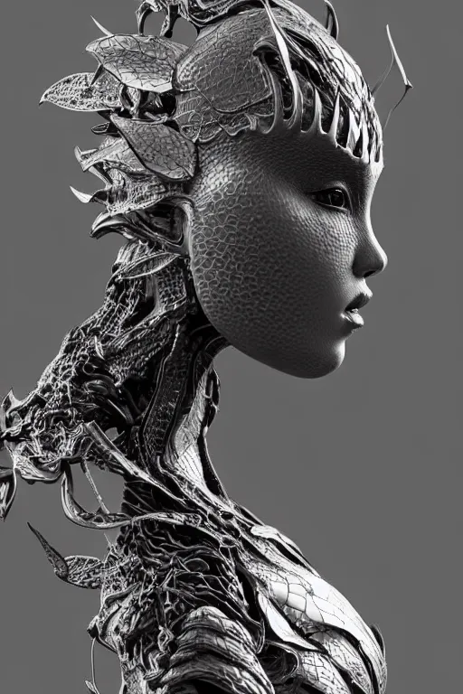 Image similar to bw close - up profile face, black background, beautiful young porcelain vegetal - dragon - cyborg - female, 1 5 0 mm, beautiful natural soft rim light, silver gold details, magnolia leaves and stems, roots, mandelbot fractal, elegant, ultra detailed, white metallic armour, octane render, h. r. giger style