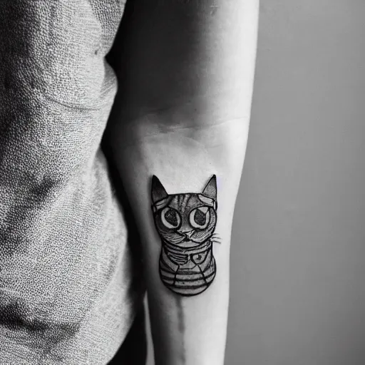 Prompt: stick and poke tattoo of a cat with 4 eyes, black and white tattoo, linework