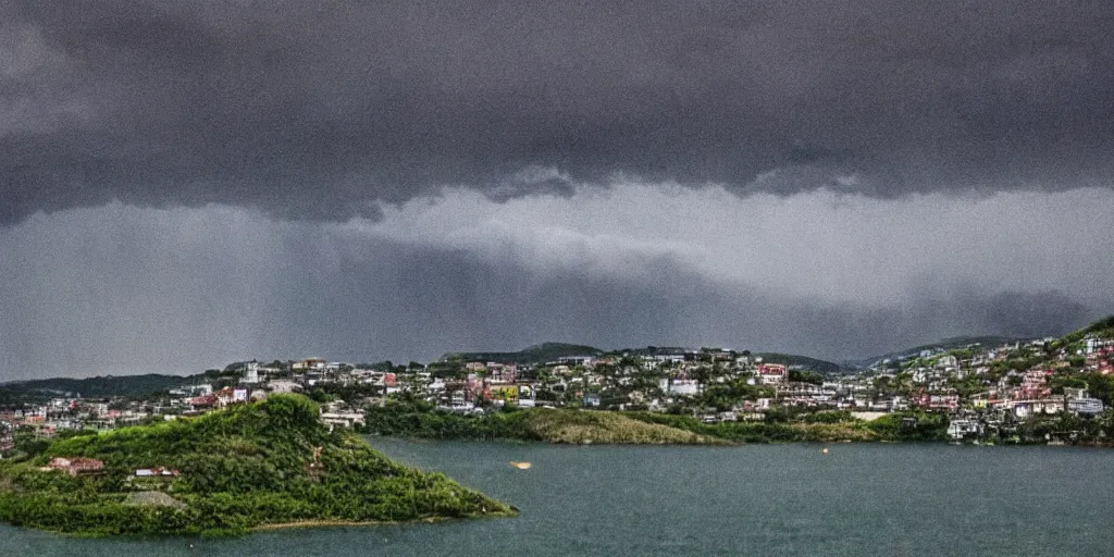 Image similar to the view from the sea of a town on the hill, rain and thunderstorm