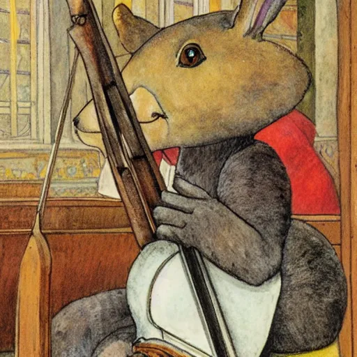 Image similar to a rabbit playing a violin inside a church, in the style of Carl larsson