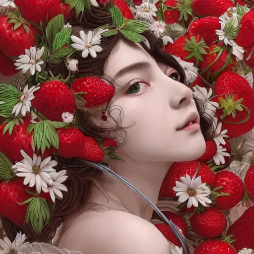 Image similar to the portrait of an absurdly beautiful, graceful, elegant, sophisticated, fashionable young gravure idol made of strawberries and white petals, an ultrafine hyperdetailed illustration by kim jung gi, irakli nadar, intricate linework, bright colors, octopath traveler, final fantasy, unreal engine 5 highly rendered, global illumination, radiant light, detailed and intricate environment