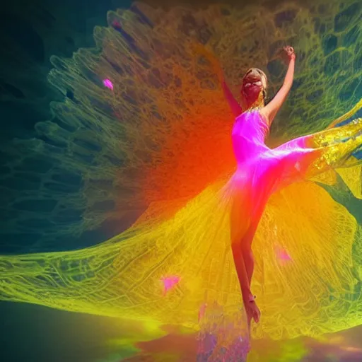 Image similar to woman dancing underwater wearing a flowing dress made of many layers of blue, magenta, and yellow translucent lace, elegant coral sea bottom, swirling silver fish, refracted light, crystals, cycles render, caustics lighting from above, cinematic