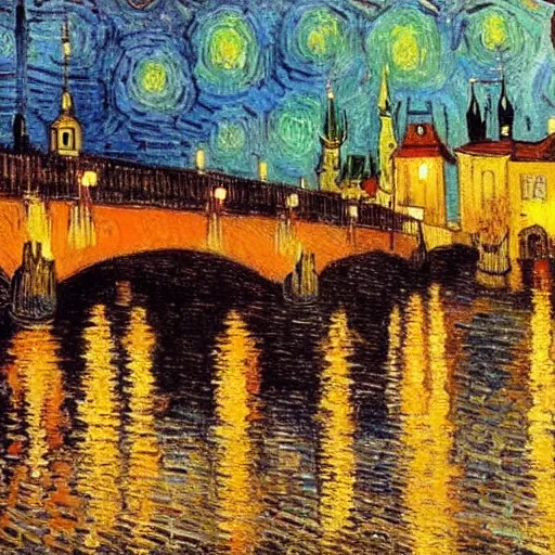 Image similar to the charles bridge painting by Van Gogh, detailed painting, night vibe