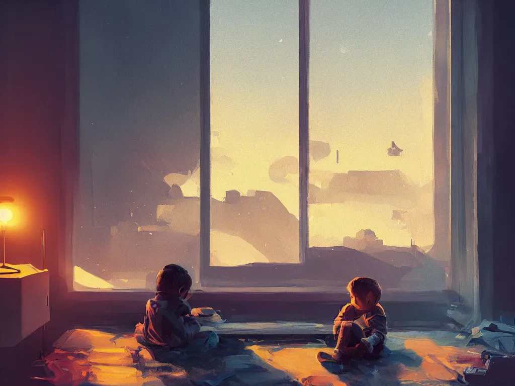 Prompt: a contemporary painting of a little boy sits in his bed and looks through the window into the night sky in a painting from stalenhag 4 k 8 k hdr artstation concept art