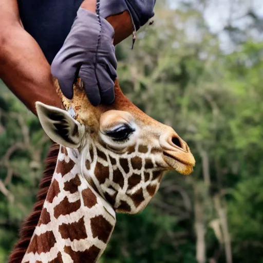 Prompt: human holds giraffe on his palm. photography