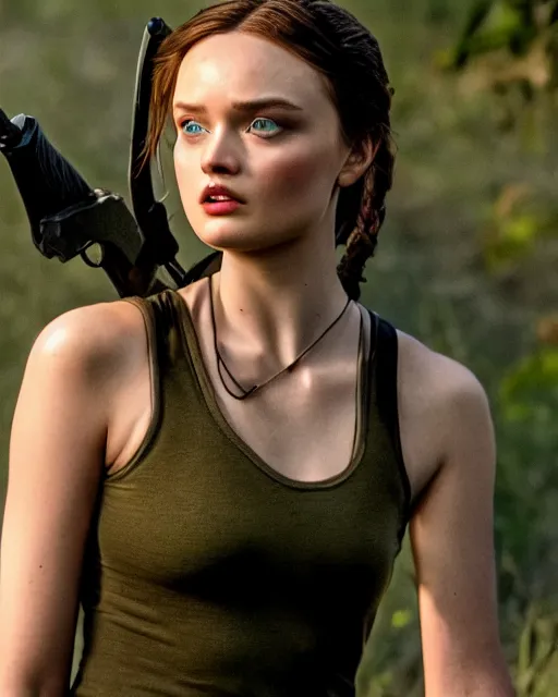 Prompt: bella heathcote as lara croft, golden hour, cinematic