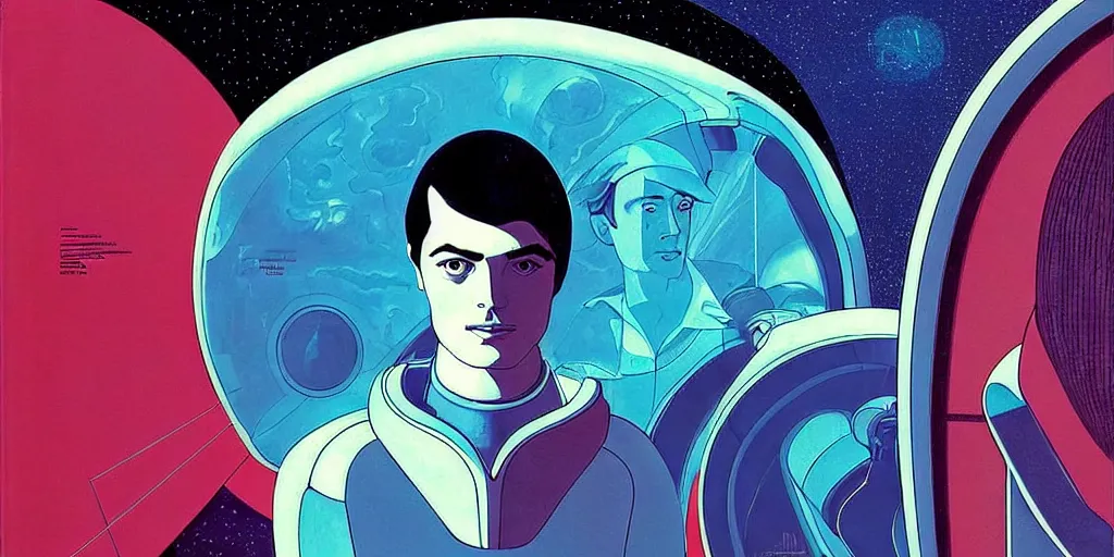 Image similar to a symmetrical portrait of lonely single Alain Delon alone pilot in posing in spaceship station planet captain bridge outer worlds robots extraterrestrial hyper contrast well drawn in Jean Henri Gaston Giraud The Masters of Time FANTASTIC PLANET La planète sauvage animation by René Laloux