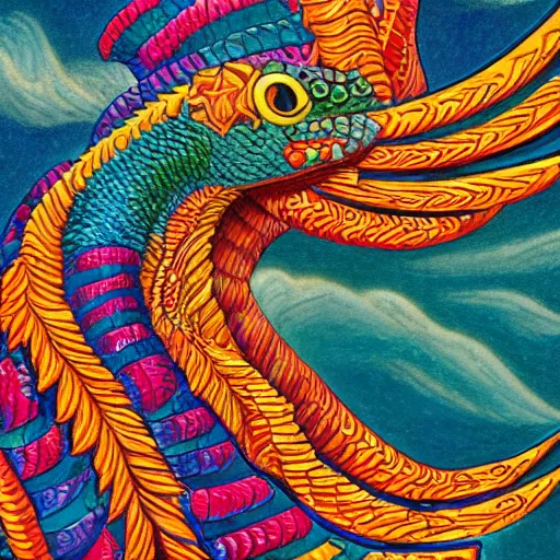 Prompt: quetzalcoatl in the ocean, extreme vivid colors, abstract realism, highly ornate intricate details, 1 9 2 0's colored pencil, 4 k, cinematic lighting,
