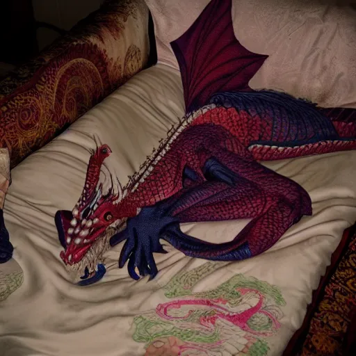 Image similar to a dragon posing seductively on an old lady's silk pillow at a late night dragon party