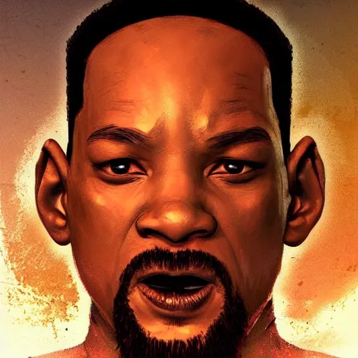 Image similar to portrait of will smith as a doomguy in team fortress 2 style, tragic, elegant, fantasy, hd shot, digital portrait, beautiful, artstation, comic style, by artgerm, guy denning, jakub rozalski, magali villeneuve and charlie bowater