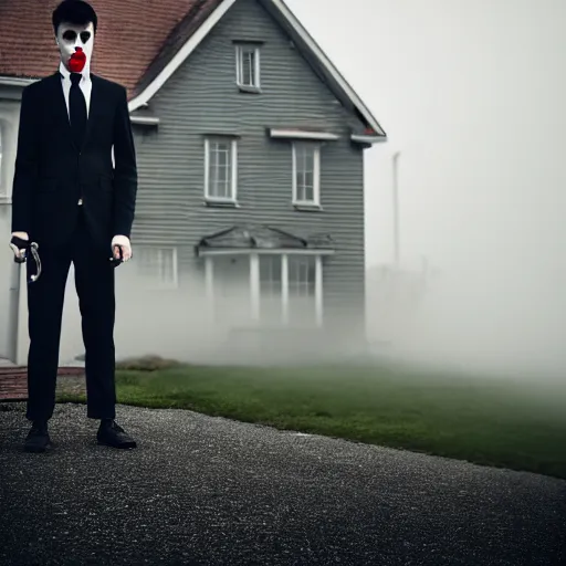 Image similar to man in strict suit, one man, an indifferent face, house on background, bloody knife, blood on body, full body, little fog, evening, extremely detailed, sharp focus, professional photographer, professional model, minimalism, real life