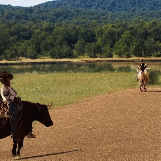 Prompt: a cowboy riding a cow next to the ozarks