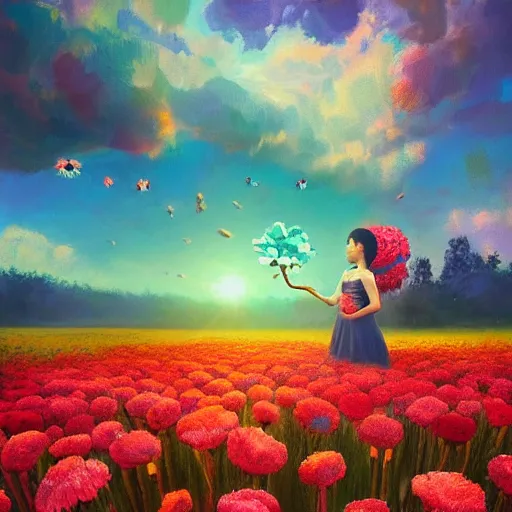 Prompt: giant carnation flower head, girl in a flower field, surreal photography, sunrise dramatic light, impressionist painting, colorful clouds, digital painting, artstation, simon stalenhag, flower face