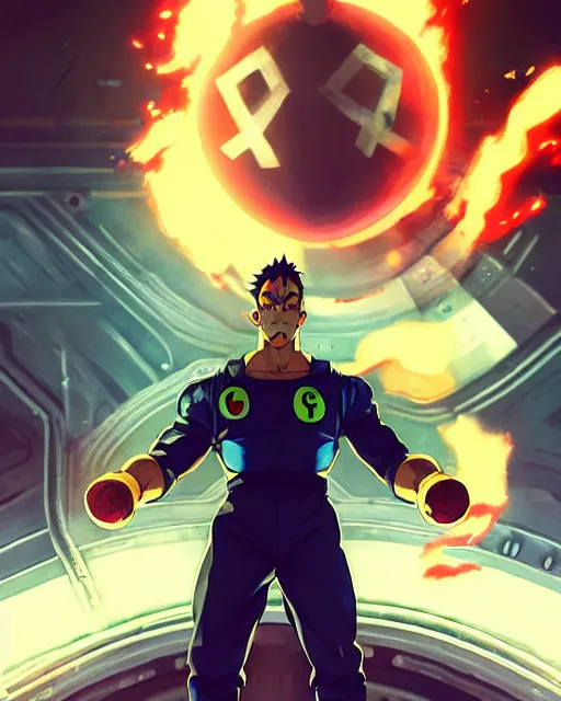 Image similar to gigachad luigi bodybuilder standing in front of a atomic blast like one punch man wearing a suit in the fight club city, fantasy character portrait, ultra realistic, anime key visual, full body concept art, intricate details, highly detailed by greg rutkowski, ilya kuvshinov, gaston bussiere, craig mullins, simon bisley