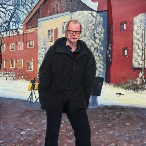 Image similar to Oil painting of Lars Vilks posing infront of Nimis