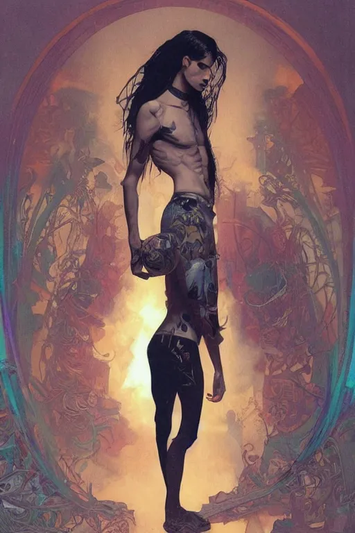 Image similar to a skinny goth guy standing in a cluttered 9 0 s bedroom, full body character concept art, vaporwave colors, intricate, elegant, highly detailed, digital painting, artstation, concept art, smooth, sharp focus, illustration, art by artgerm and greg rutkowski, and alphonse mucha