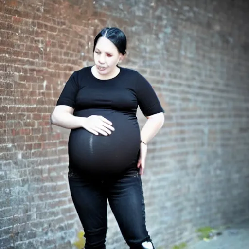 Image similar to pregnant goth man, tee shirt and jeans, black hair