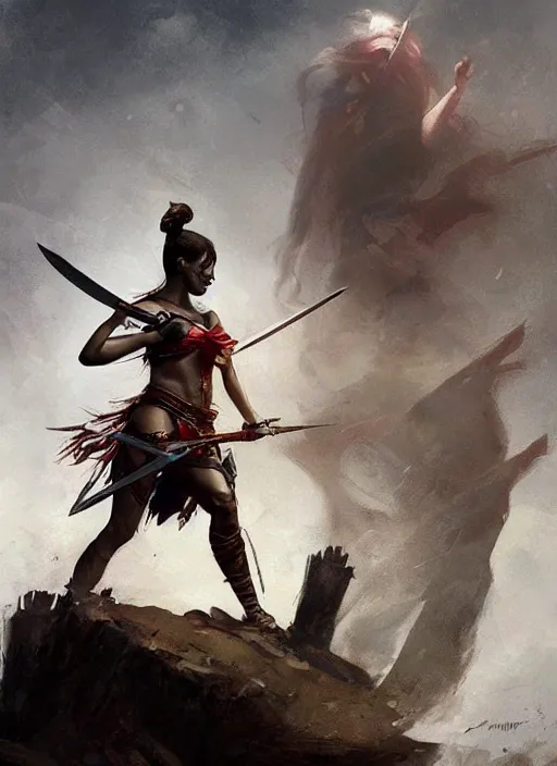 Image similar to hyper realistic photography, warrior girl with sword in her hand, full body, rule of thirds, human proportion, good anatomy, beautiful face, conceptart, saturated colors, cinematic, vallejo, frazetta, greg rutkowski