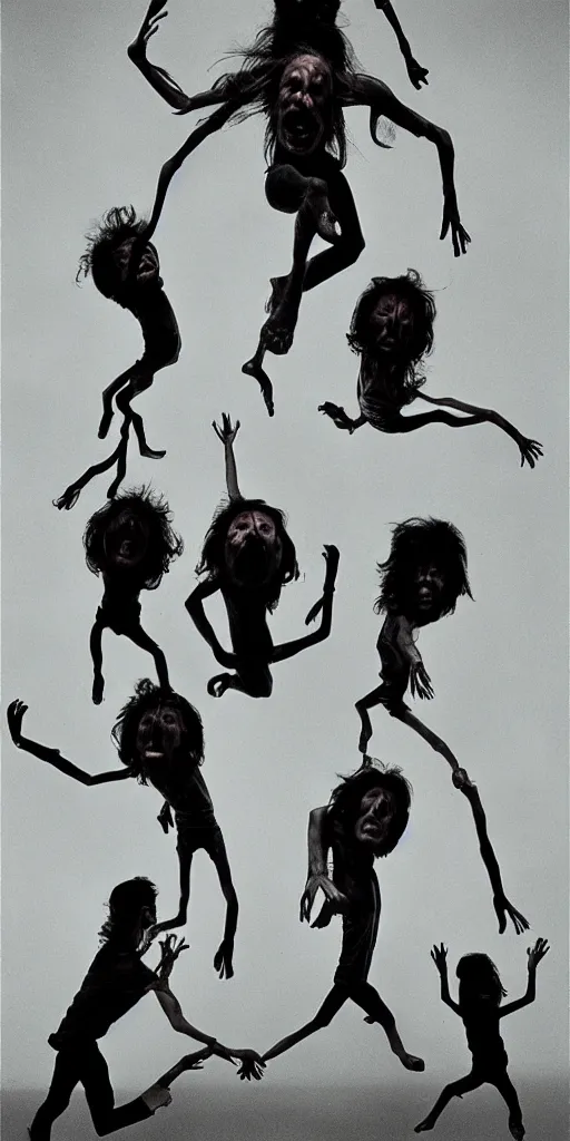 Prompt: a jumping old 3 headed man, 6 eyes with 3 heads and 6 eyes, long hair, jumping, by annie leibovitz