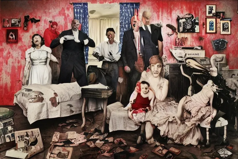 Image similar to full color american nightmare, joel peter witkin photo of 1 9 5 0 s suburban family, capitalist propaganda meets body horror, patriotic nihilism, annie liebovitz, bosch, disney