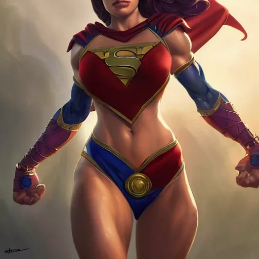 Image similar to muscular supergirl, deep focus, d & d, fantasy, intricate, elegant bikini, highly detailed, digital painting, artstation, concept art, matte, sharp focus, illustration, hearthstone, art by artgerm and greg rutkowski and alphonse mucha
