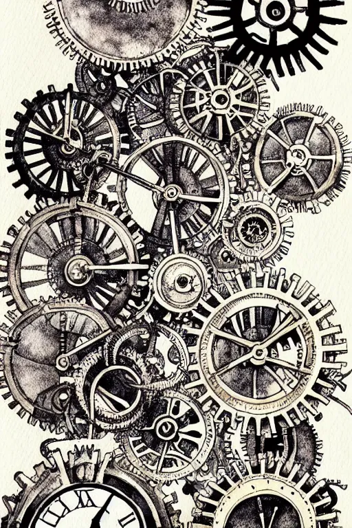 Image similar to steampunk gears, and eternal clock without numbers, dark and gothic, full frame, art by kay nielsen and walter crane, black and white illustration style, watercolor