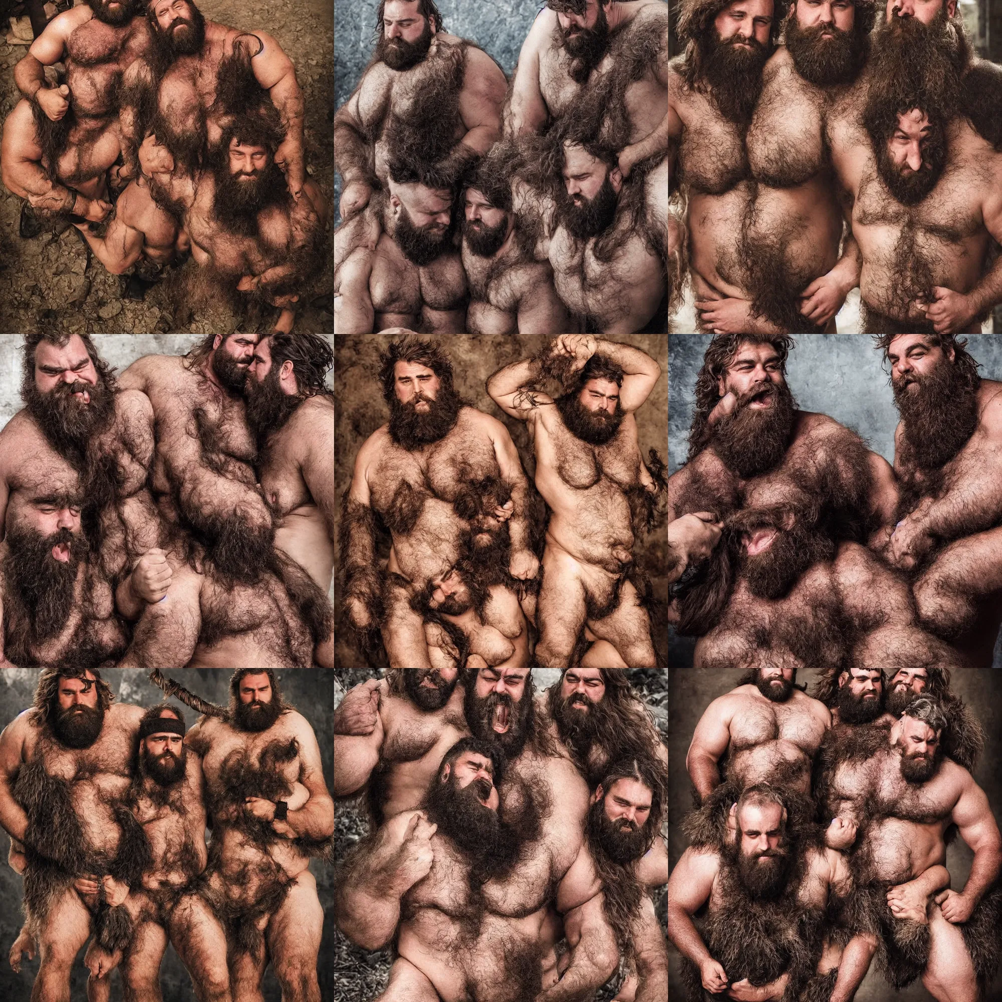 Prompt: barbarian king with thick body hair and thick muscle muscle and a massive massive body and a thick massive beard and long thick hair and big size difference displaying masculinity, beard, thick, hairy, big, kissing and cuddling men, photography, highly detailed, epic, high definition, dad energy, size difference